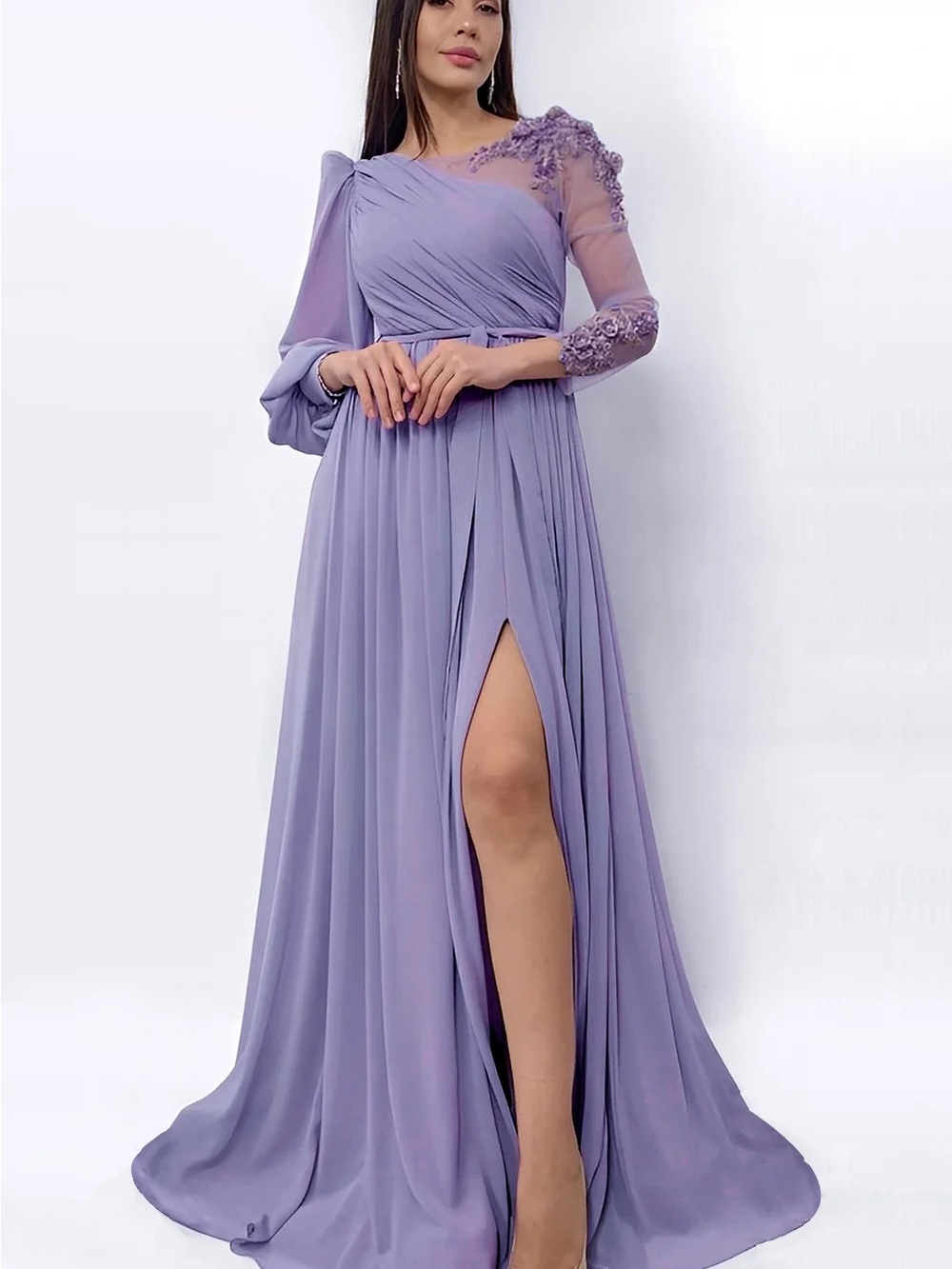 Elegant Lavender One-Shoulder Evening Gown with Sheer Embellished Sleeve